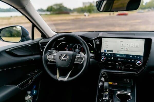 steering wheel and screen in car