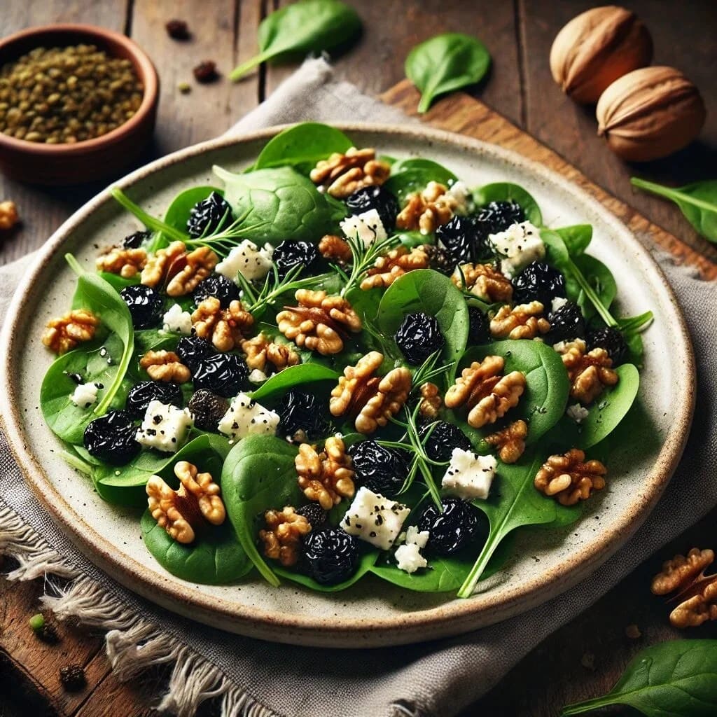 Black Raisin Salad with Spinach and Walnuts