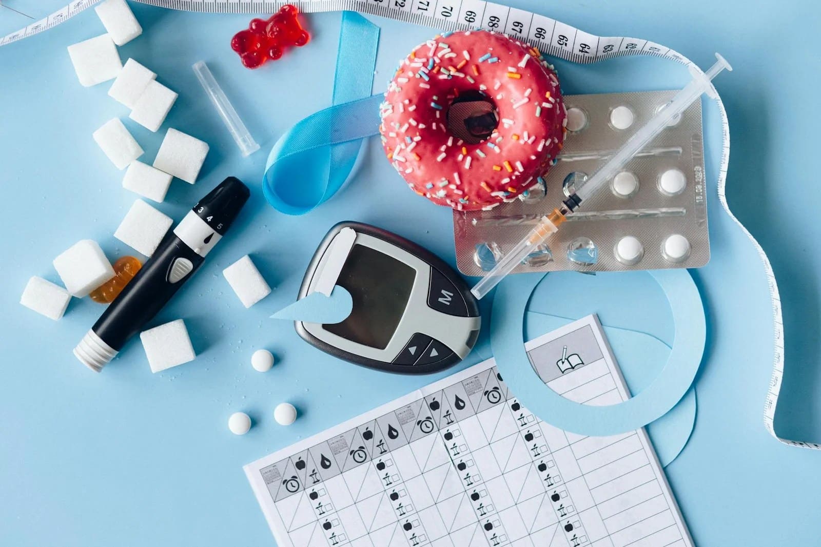 blood sugar meter and medication on the blue background - Herbs for fat loss